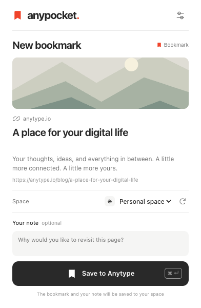 The anypocket popup: a preview of the page, the chosen Anytype space, a note field and a Save to Anytype button.